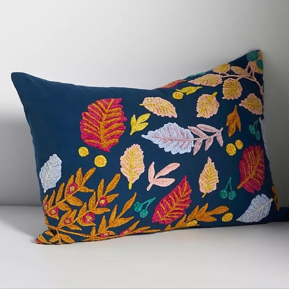 Anthropologie Embroidered Foliage Chenille Pillow- blue